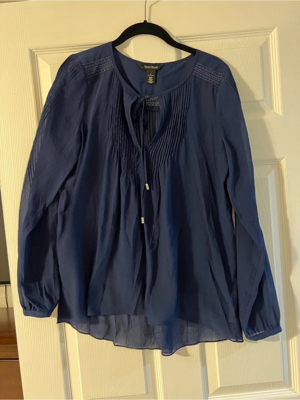 White House Black Market Navy Pintuck Tie-Neck Blouse